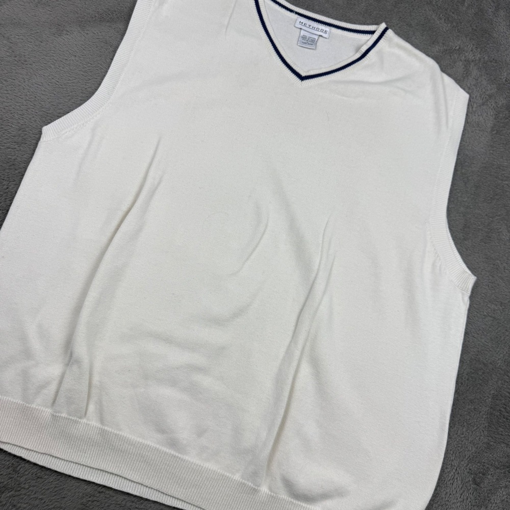 Methode Sweater Vest Women Large White Navy V-Neck Cotton Preppy Knit Excellent